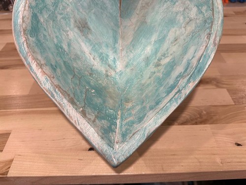 Large Wood Decorative Bowl Teal Aqua Hand Carved Heart Dish - Picture 3 of 9