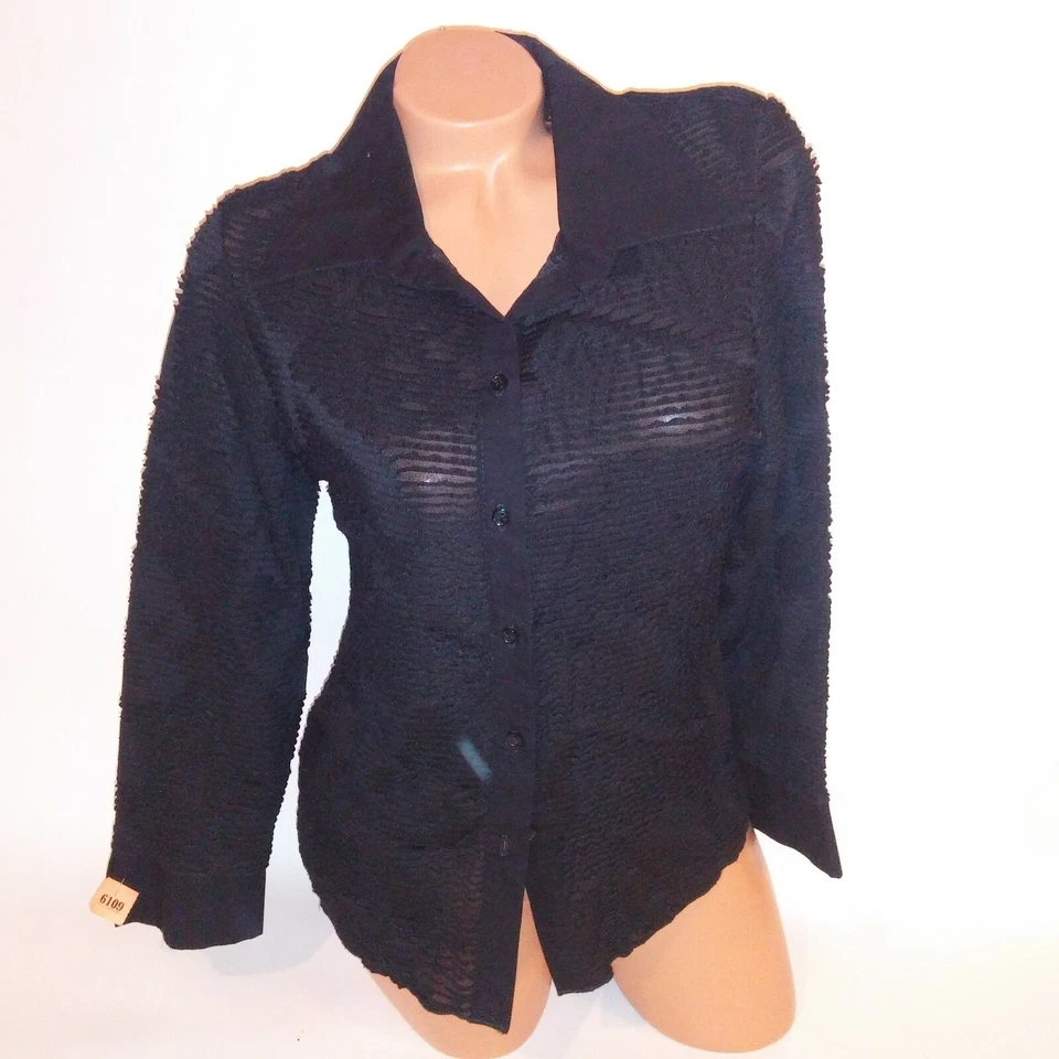 Claudia Richard 中号纽扣黑色长袖透明领衬衫 — 第 2/4 张图片