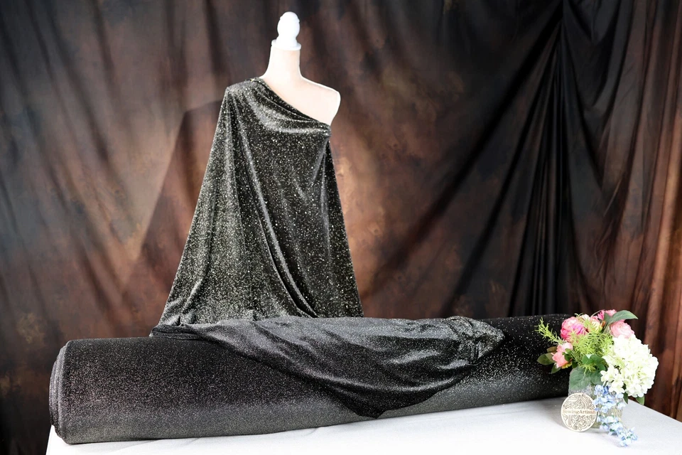 Tela de terciopelo negro-dorado brillante 4 vías elástico por yarda SSVG-Negro-Dorado Foto 2 de 4