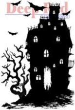 Deep Red Rubber Cling Stamp Haunted House Silhouette Halloween Spooky