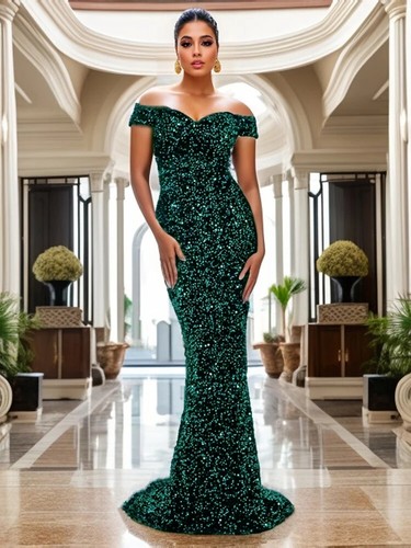 Off The Shoulder Evening Dress Red Sequin Velvet Floor Length Women Party Dress - Picture 3 of 21
