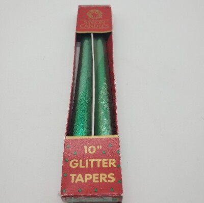 Simon Candles 10'' Holiday Green Glitter Candle Set, Unused, Original Packaging 