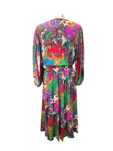 Vintage 80s Diane Freis Silk Midi Dress V Neck Faux Wrap Balloon Sleeves Medium - Picture 3 of 6