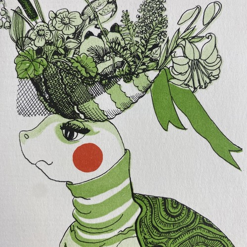 Vintage Mid Century Greeting Card Birthday Anthropomorphic Turtle W/ Flower Hat