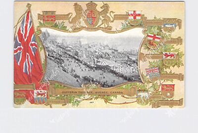 PPC Postcard Canada PQ Quebec Dufferin Terrace Birds Eye View Flag Shields Embos