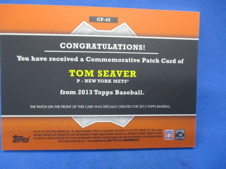 2013 Topps Manufactured Commemorative Patch Tom Seaver #CP-45 Patch HOF - Image 2 of 2