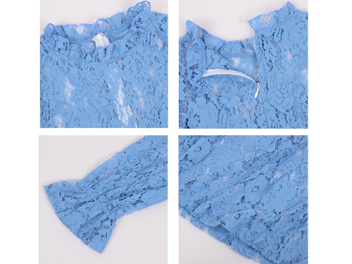 Damen lange Glockenärmel transparent Blumen Spitze Bluse Tops - Bild 14 von 25