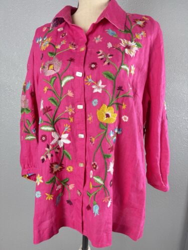 John Mark Embroidered Floral Linen Blouse 3/4 Sleeve Pink Floral Size PXL NWT - Picture 3 of 10