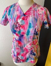 Barco One Womens Scrubs X Small Floral V Neck Pockets Polyester Stretch
