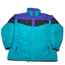 Vintage 90s Columbia Jacket Coat Mens Large Turquoise Purple Black Hood Skiwear