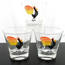 3 Vintage MCM Rocks Glasses Black Orange Crowing Rooster & Weathervane
