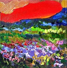 Dipinto olio ORIGINALE paesaggio opera d'arte prato fiore campo lupino tramonto 3x3"