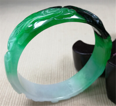 58mm Ancient Natural Ice Green Jadeite Hand-Carved Jade Bracelet Bangle