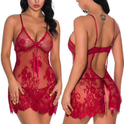 Red-Women-Sexy-Sleepwear-Lingerie-Lace-Underwear-Nightwear-Thong-Babydoll-Dress - Picture 8 of 117