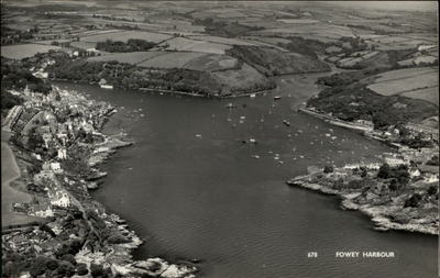 Fowey England vintage postcard ~1950/60 aerial view to the Harbour ships boats
