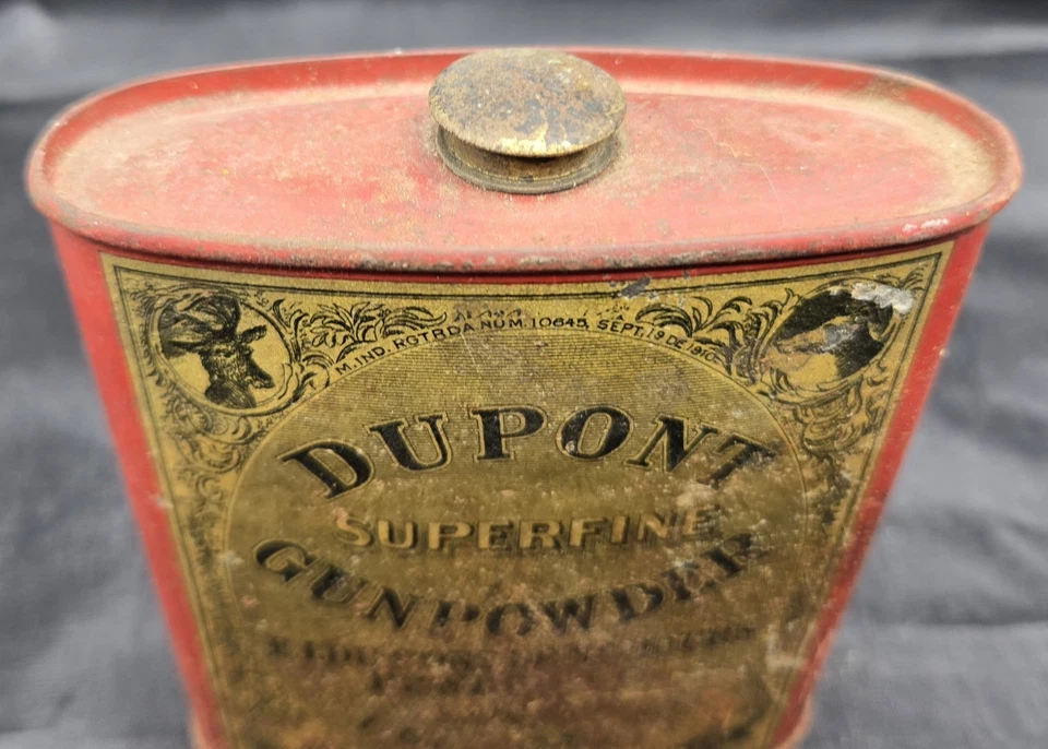 Antigua lata de metal de pólvora superfina DuPont 19 de septiembre de 1910, 1/2 lb tamaño FF G Foto 3 de 4