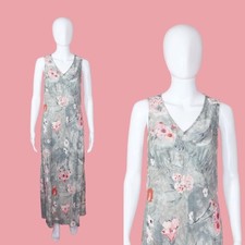 1990s-Y2K CAROLE LITTLE Ink Watercolor Floral Print V Neck Maxi Slip Dress. SM