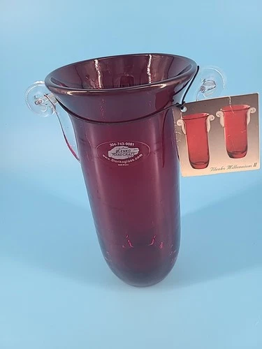 Blenko Millennium II Ruby Red Glass Vase Applied Handles Signed Numbered Tag