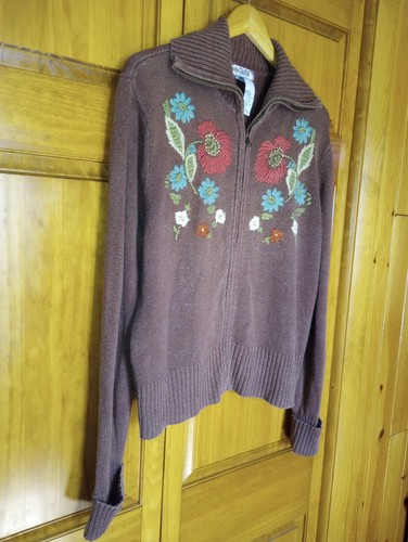Vintage Womens Large Floral Yarn designed front zip Tiara Intl. knit cardigan - Picture 15 of 24