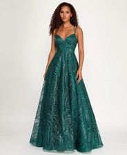 B Darlin Juniors' Spaghetti Strap V Neck Glitter Pattern Gown with Lace Up Back