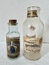 2 Botellas de Vidrio Vintage - Rábano Caballo Superior con Corcho y Metal Dorado Aceitunas Reina