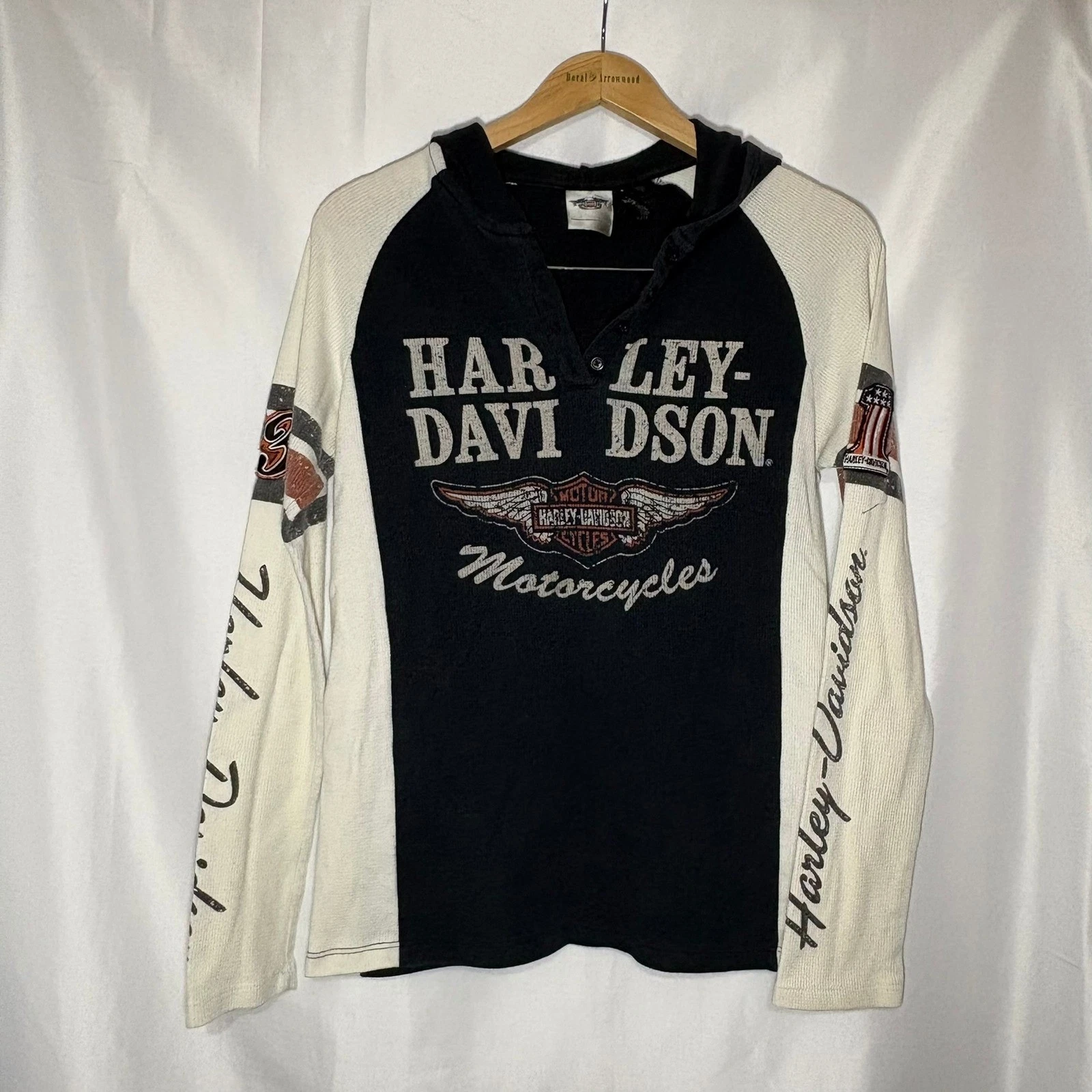 Harley Davidson Womens Black Cream Waffle Knit Henley Thermal Hoodie Medium