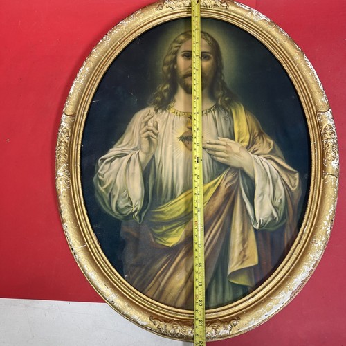 Vintage Secret Heart Of Jesus Oval Framed Picture 22” X 17” - Picture 8 of 10