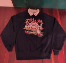Vtg Morning Sun Sweatshirt Women's Sz XL Navy Cats USA 90s HAS STAINS ON COLLAR