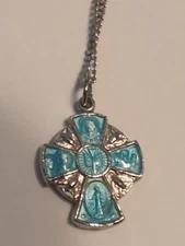 Vinatge Sterling Blue Enamel Religious Medal Pendant Necklace