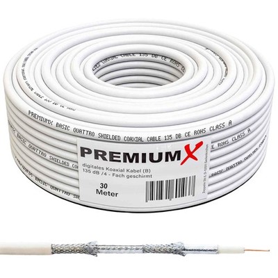PremiumX 30m Koaxialkabel 135dB 4-fach SAT TV Digital Koax Kabel Antennen-Kabel