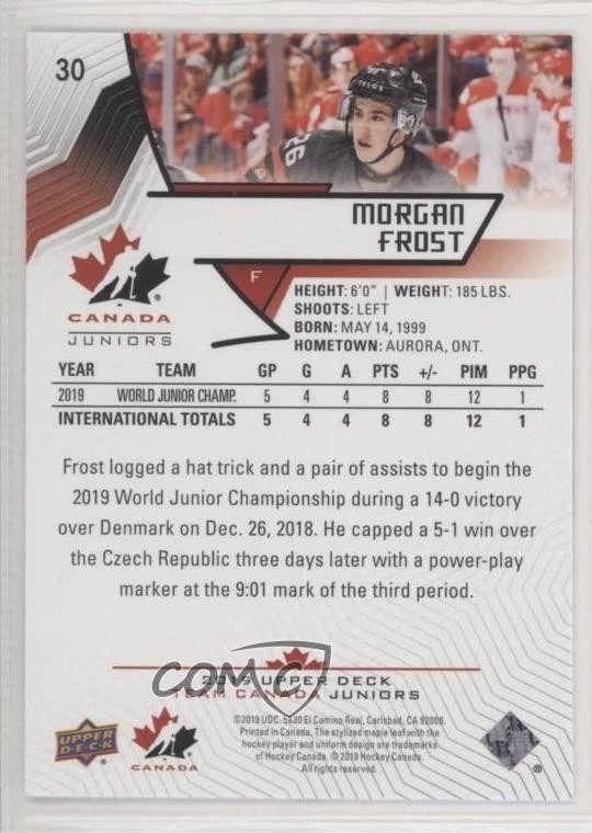 2019 Upper Deck Team Canada Juniors High Gloss /25 Morgan Frost #30 Rookie RC - Image 2 of 2