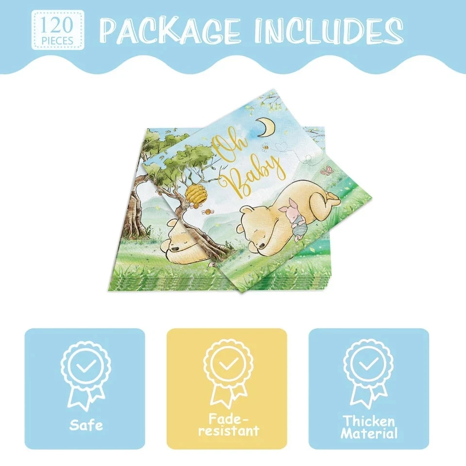120pcs Winnie Plates Baby Shower Pooh Napkins Classic Bear Decorations Paper ... - Image 4 of 4