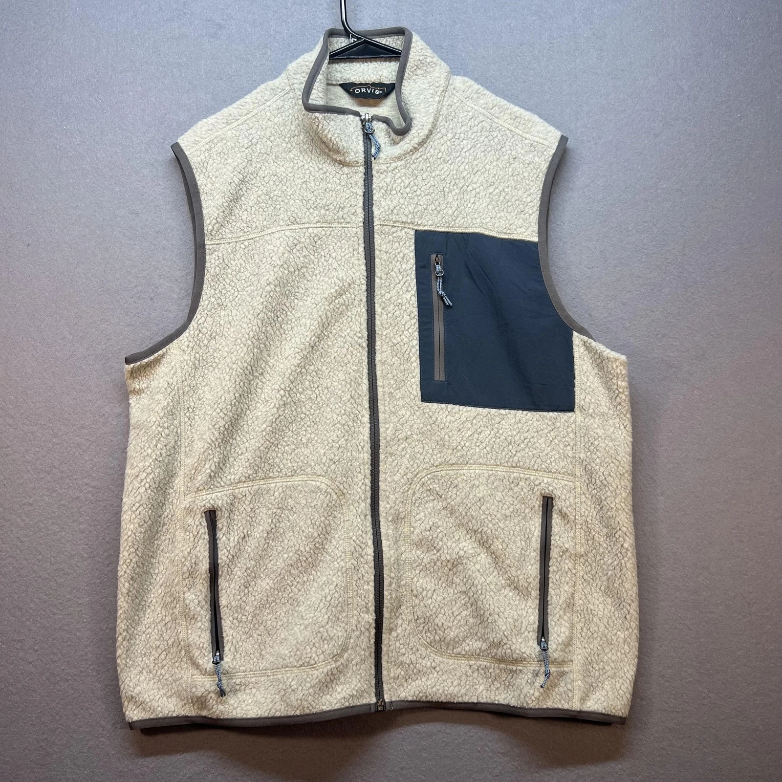 Orvis Vest Mens Large Beige Sherpa Fleece Full Zip Pockets 2YYZ Outdoor Hiking