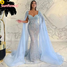 Luxury Blue Mermaid Prom Dresses Boat Neck Cape Sleeves Lace Beaded Evening Gown