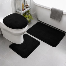 3 Piece Bathroom Rug Set Non Slip Ultra Soft Bath Mat Toilet Lid Cover Black