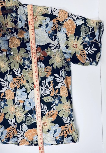 Navy blue Hawaiian shirt mens 2XL with orange, yellow, and blue floral print and green leaf pattern, made in USA.