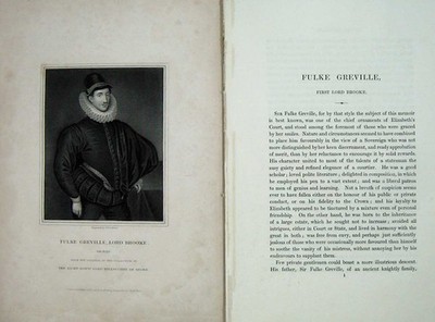 Original alter antiker Druck Fulke Greville Lord Brooke Memoiren Portrait 1836