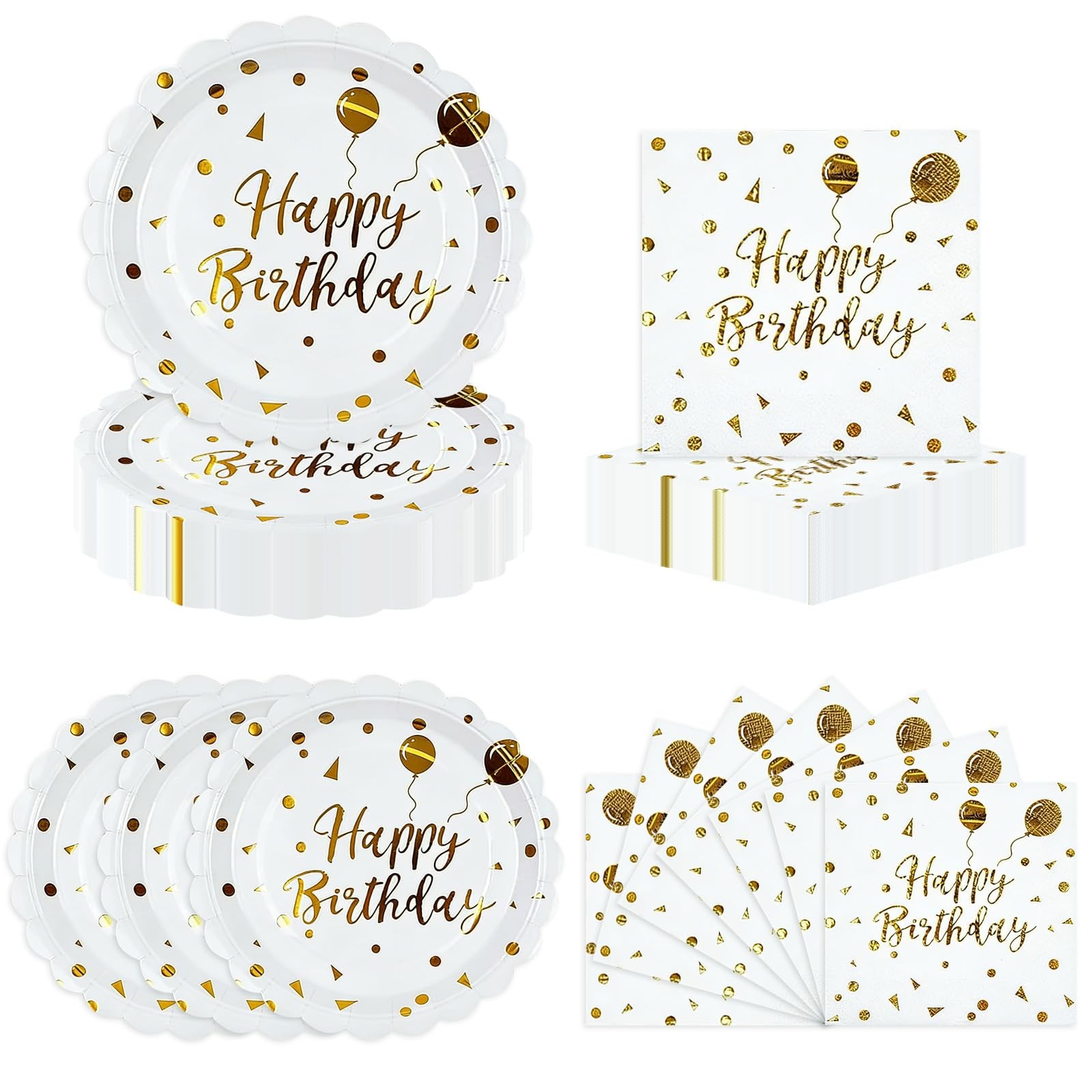 50 Pcs White Gold Scalloped Plates and Napkins,7 inch White Gold Party Scallo...