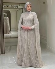 Muslim Plus Size A Line Evening Dress With Cape Sleeve Beaded Customized Gowns