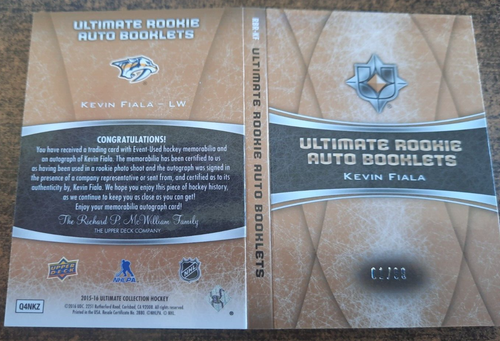 2015-16 Ultimate folleto de novato - Kevin Fiala novato parche automático doble #1/99 - Imagen 4 de 6