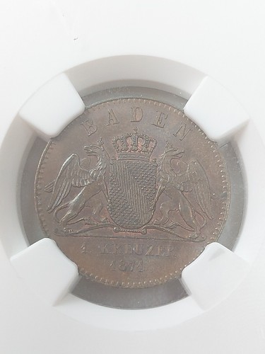 1871 Germany Baden 1 Kreuzer NGC MS65BN Choice UNC! Victory - Picture 2 of 11