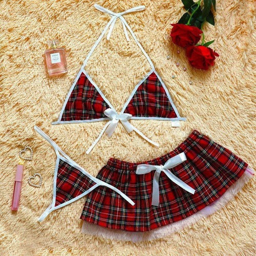 Sexy Lingerie Plaid Halter Three-Point Split Lace-up Women's Sexy Nightwear - Picture 11 of 13