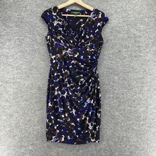 Ralph Lauren Dress Women 4 Black Geometric Sheath Midi V-Neck Short Sleeve