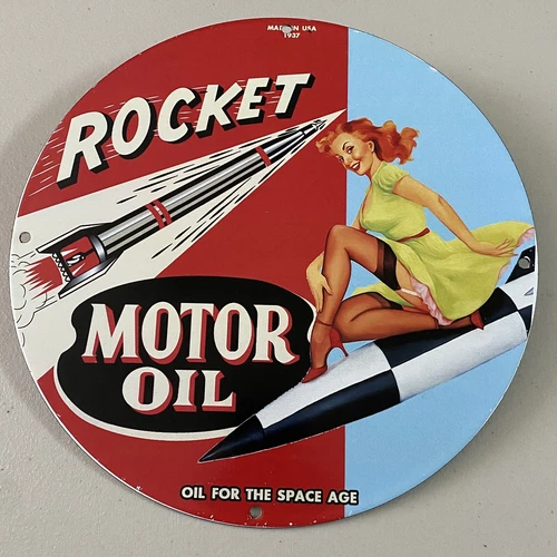 VINTAGE ROCKET PORCELAIN GAS MOTOR OIL SPACE PETROLEUM SERVICE STATION PUMP SIGN