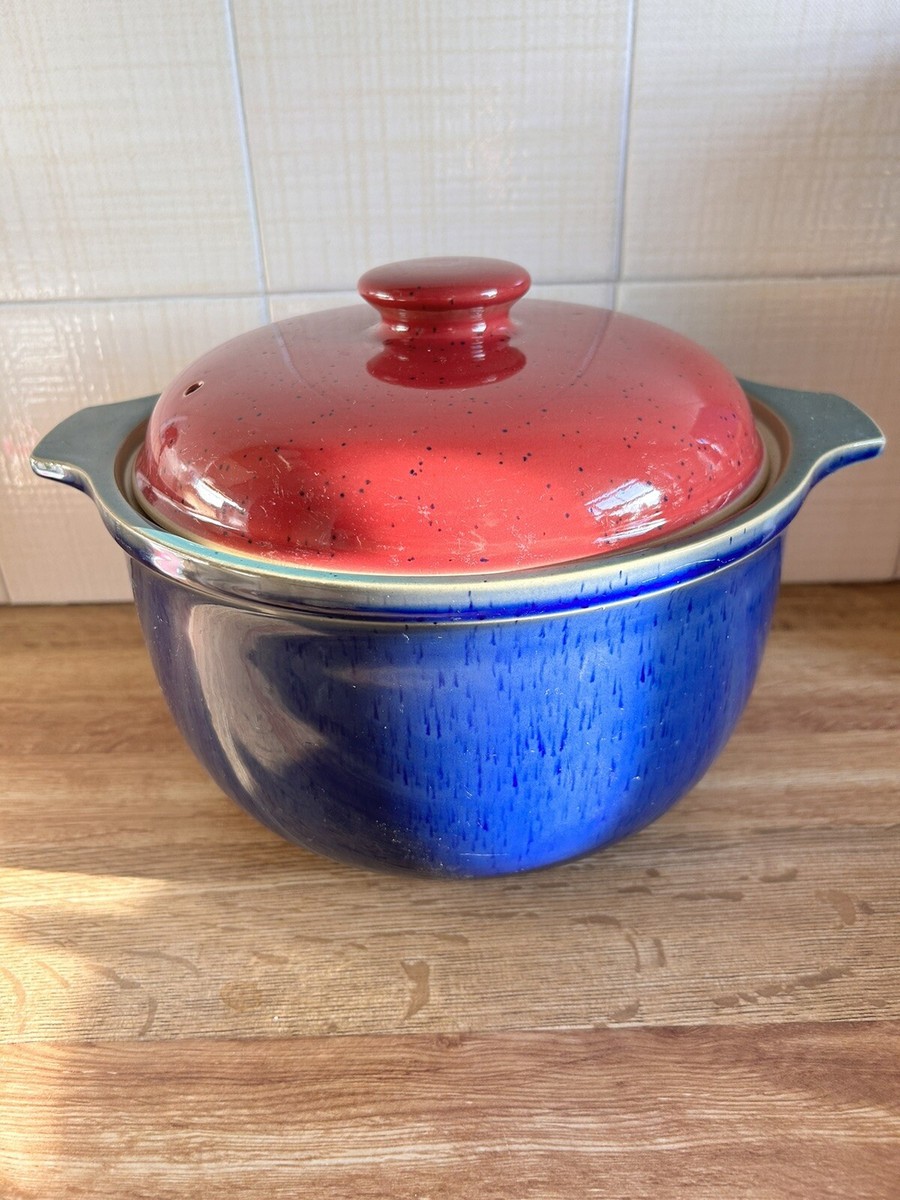 Denby Harlequin Blue Red Large Casserole Serving dish bowl Lidded