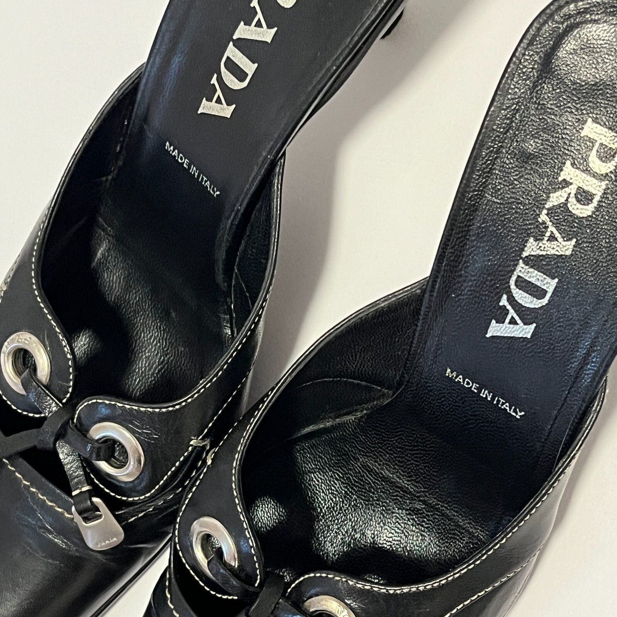 Vintage PRADA Square Toe Logo Pumps Kitten Heels Sandals 39