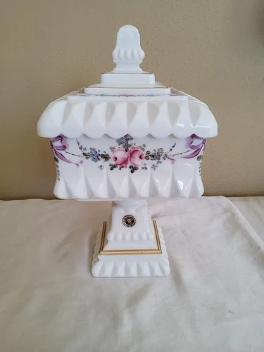 Vtg Mid-Century Milk Glass Wedding Cake Box Candy Compote Dish Footed Gold Trim