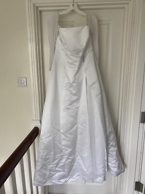 Davids Braut Brautkleid weiß Satin A-Linie abnehmbare Ärmel UK 18 US 16