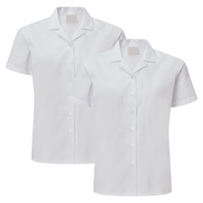 2x Girls Revere Collar Blouse Top Short Sleeve Open Neck School Uniform White
