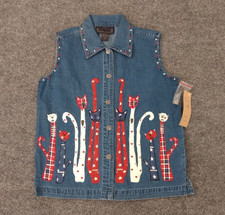 Life Style Vest Women's S Blue Denim Embroidered Cats Applique Button